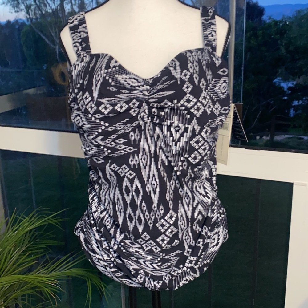 NWT Gottex Profile Tankini Top Black+White Print Sz 22W $158